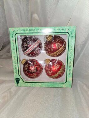 Box (4) Vintage Krebs Glass Christmas Ornaments Stenciled Red Gold Glitter 0091